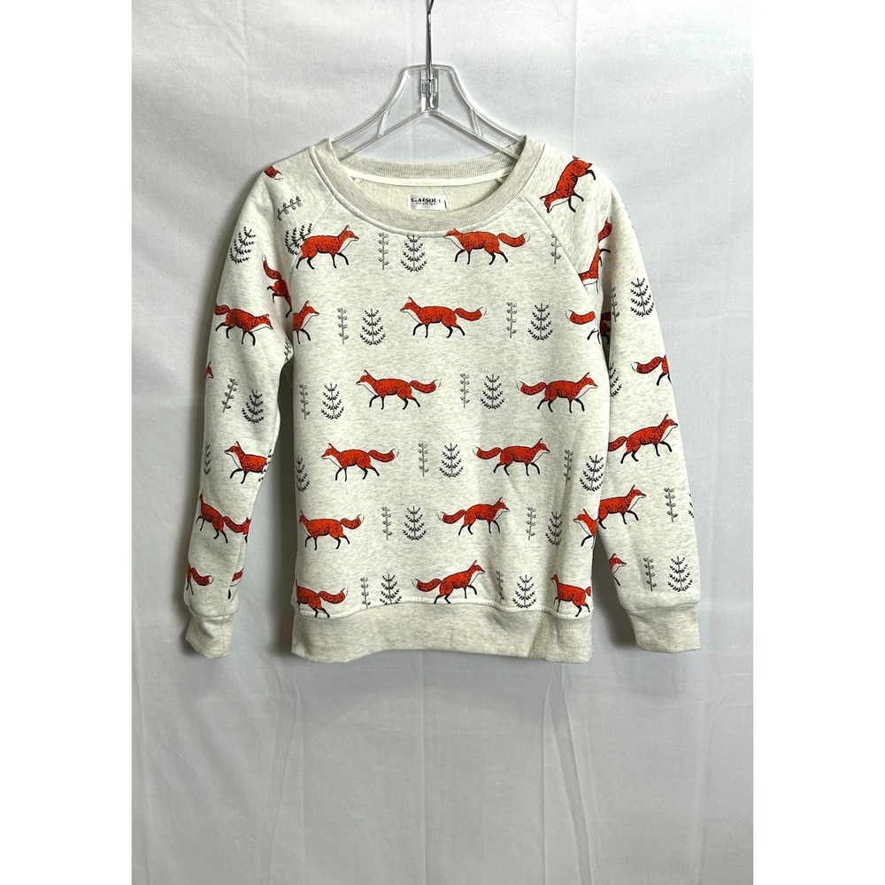 L.A. Soul Womens Fox Pine Tree Print Crewneck Sweatshirt Gray Med Raglan Sleeve